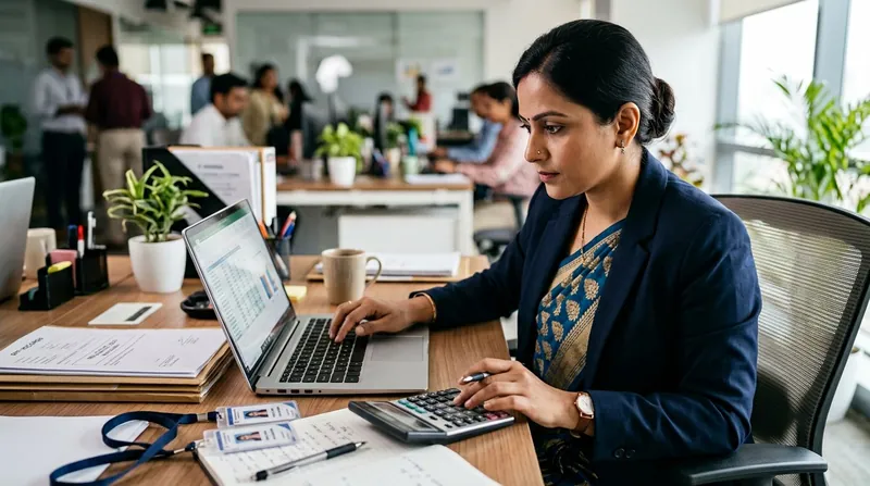 HR executive managing EPF and ESI contribution records on a laptop