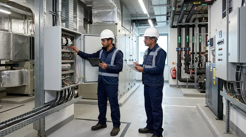 Facility management technician inspecting electrical panels in a commercial building
