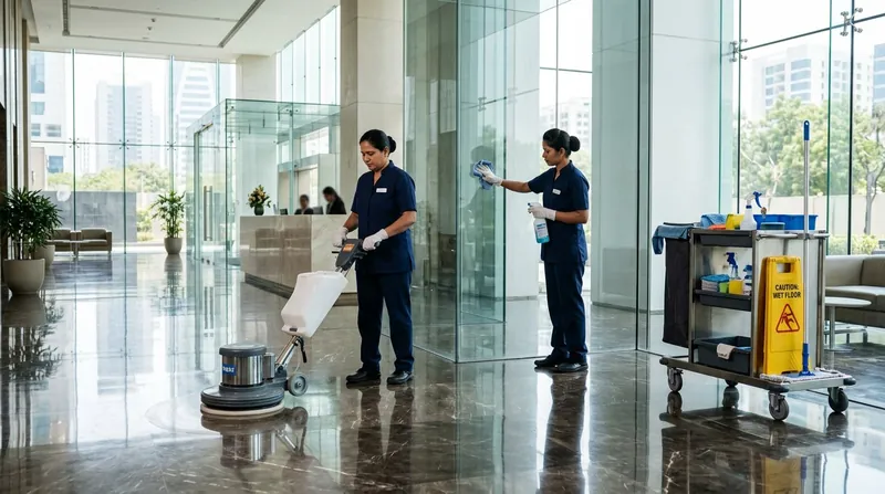 SHAIL housekeeping staff cleaning a modern corporate office lobby