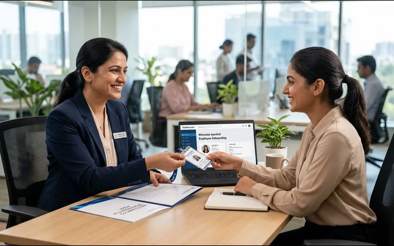 HR manager with a uniformed workforce team in a corporate lobby