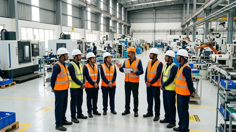 Supervisor briefing a team of uniformed workers on a manufacturing plant floor