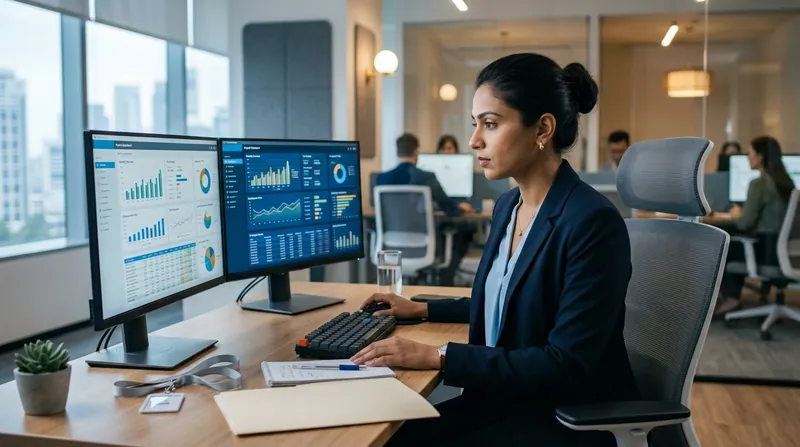 Payroll specialist reviewing payroll dashboards on dual monitors