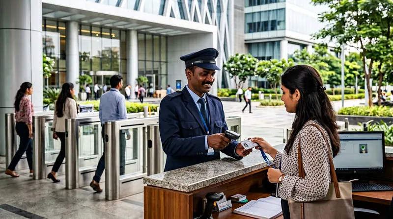 Uniformed security guard managing visitor access control at a corporate campus entrance