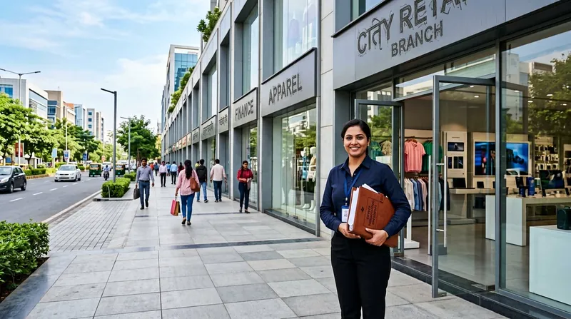 Store manager holding registration documents outside a row of retail outlets