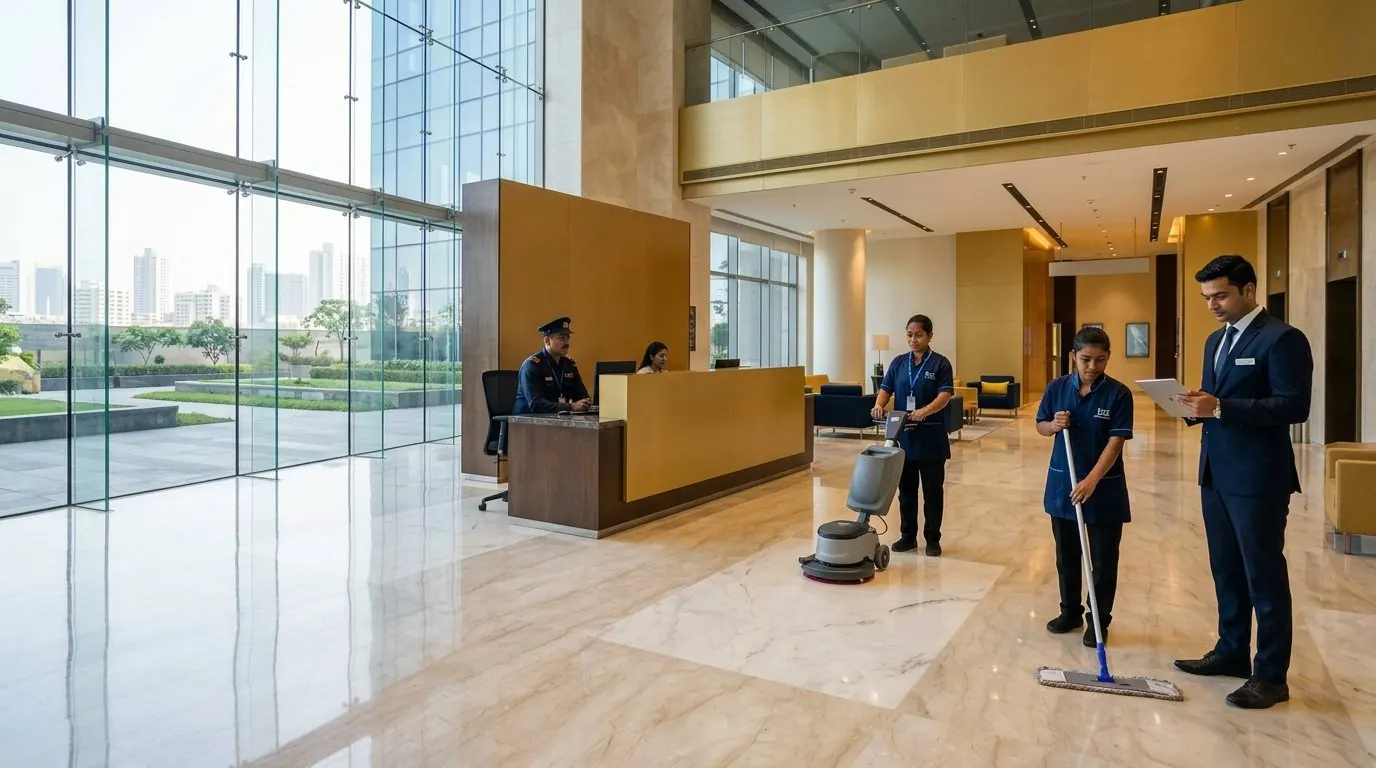 Security officer, housekeeping staff and facility manager in a corporate building lobby