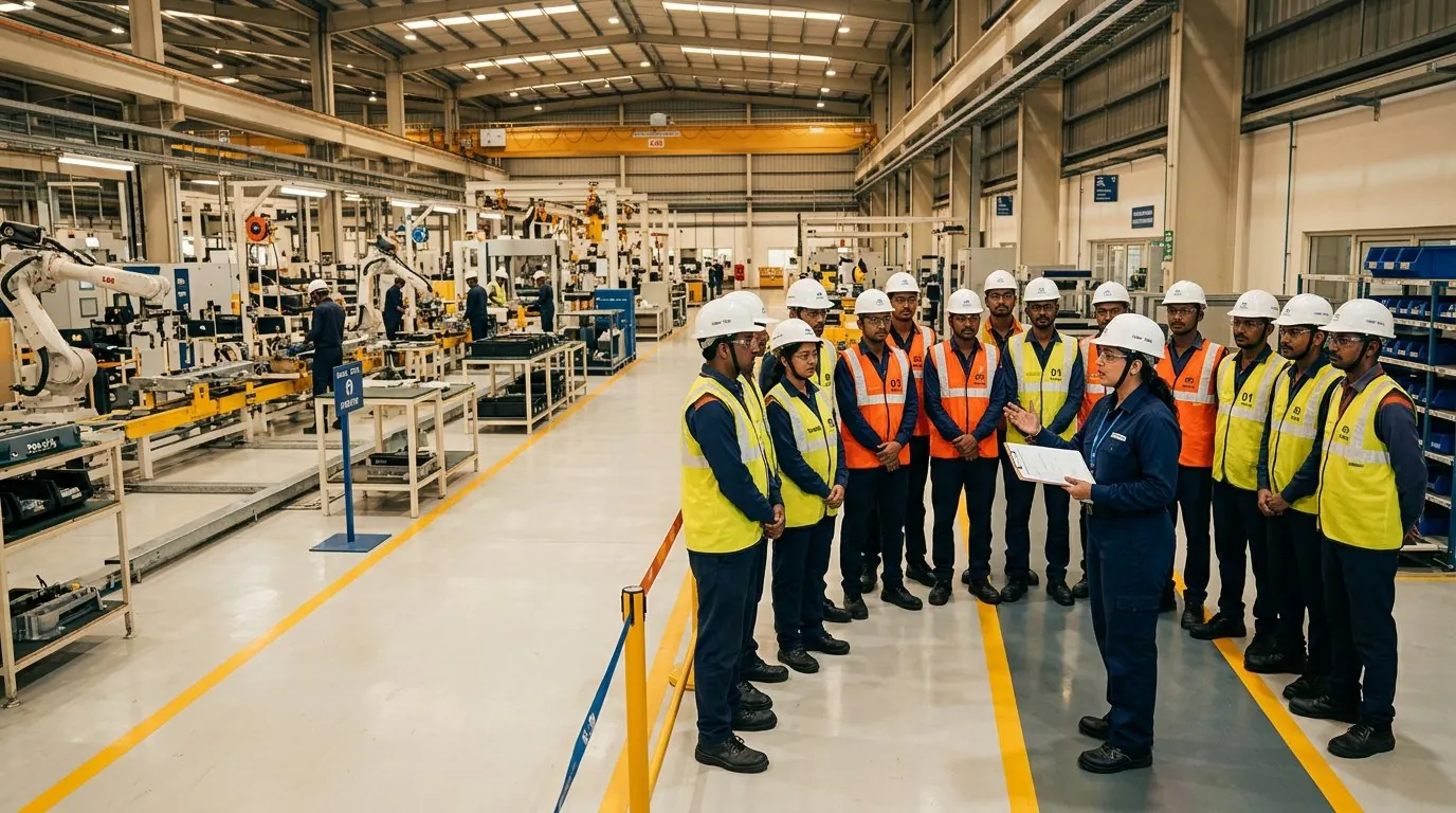 Supervisor briefing a manpower team in hard hats and safety vests at a manufacturing plant